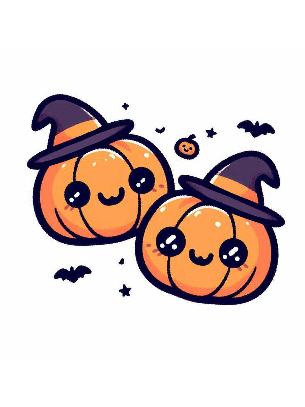 cute halloween drawings for kids 2 featuring adorable pumpkin friends adorned with witches' hats, surrounded by tiny bats and stars, creating a festive Halloween scene.